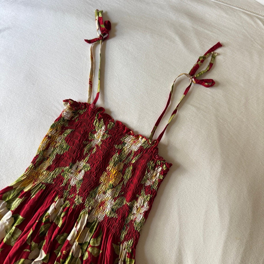 Avanti Hawaii Red Tropical Floral Smocked TieStrap Midi Dress S Retro Resortwear